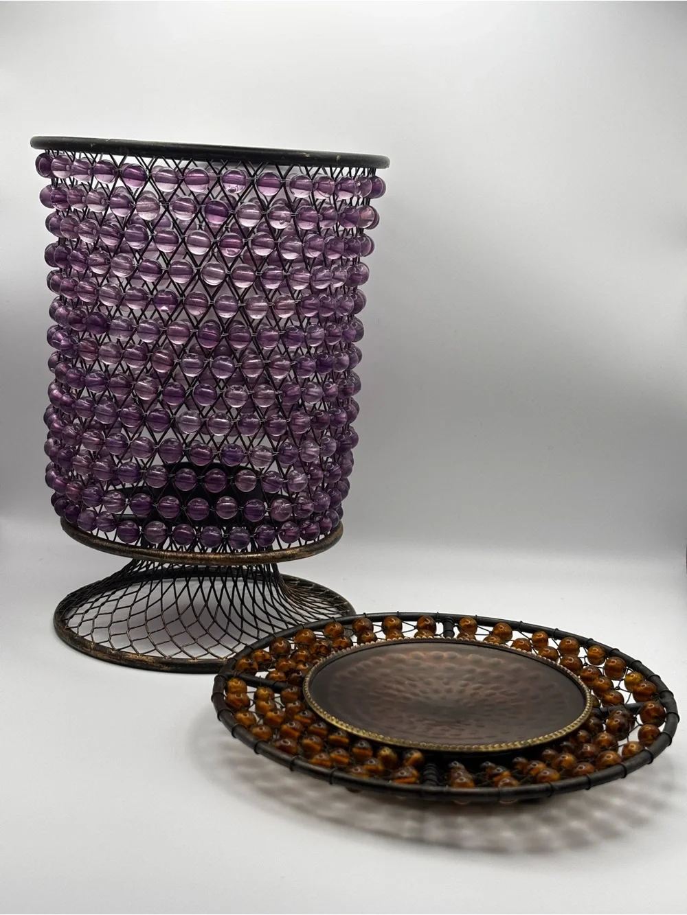 Decorative Beaded Brass Metal Tealight Candle Votive Set of 2 Purple and Amber